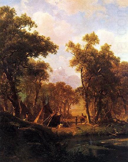 Albert Bierstadt Indian Encampment, Shoshone Village - in a riparian forest, western United States china oil painting image